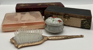 Dresser Accessories - Porcelain Ring Container, Metal & Nylon Brush, Two Wood Boxes, Plastic Box