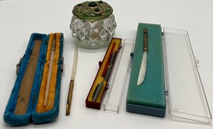 Quill Pens ART & Son in Vintage Case and Cut Crystal Casket Box Trinket Box