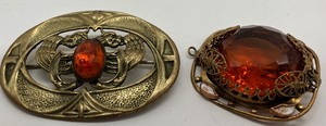 Victorian Brass and Amber Colored Orange Glass Brooch and Pendant