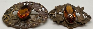 Victorian Antique Brass Brooches Orange Glass Bevel Cut