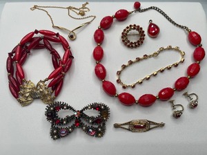 Gold Tone and Red Lot Four Strand Beaded Bracelet