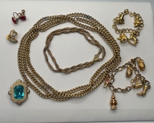 Charm Bracelets, Aqua Blue Brooch and Gold Tone Chains 7 PC Lot
