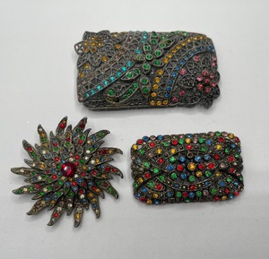 Three Pot Metal Brooches with Multi Colored Rhinestones