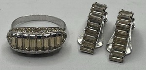 Eisenberg Emerald Cut Rhinestone Ring and Clip Earrings