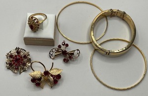 Red Rhinestone and 18KT HGE Ring, Bracelet and Brooches Lot