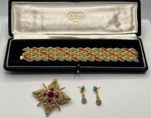 Boucher Gold Tone Ruby and Turquoise Glass Rhinestone and Beads Bracelet with Coro Brooch