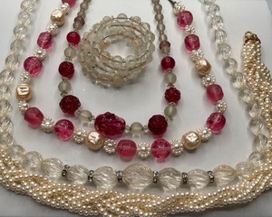 Beaded Necklaces and Wrap Bracelet Pink Beaded with Faux Pearls Marked A. Germany