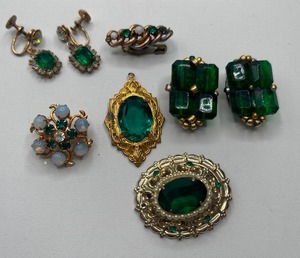 Green Coro Brooch and West Germany Clip Earrings Lot