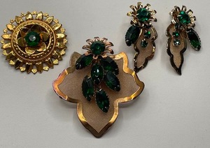Gold Mesh and Green Rhinestone Brooches and Earrings