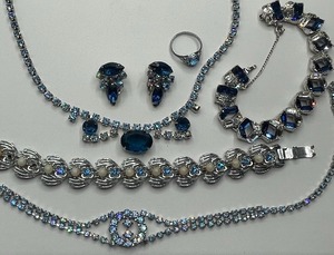 Silver Tone and Sapphire Blue Bogoff Bracelet and Blue and Aurora Borealis Rhinestone Jewelry Lot