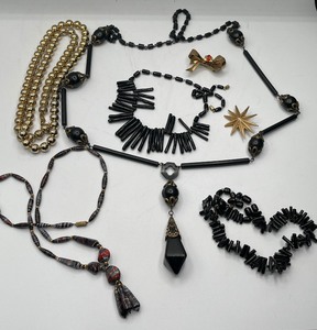 Lot of Vintage Necklaces Black and Gold Beads, Art Nouveau Style Long Necklace