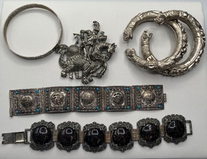 Dragon Slayer Knight Oversized Brooch and Serpent Tribal Bangles, Taxco Bracelet