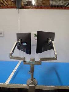 lot 36 image: Dual Screen Monitor Stand with x2 Dell Monitors  Dell&nbspP2317H Monitor with 23 screen with 1920 x 1080 HD Resolution  Includes power cables