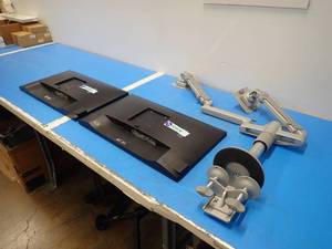 lot 37 image: Dual Screen Monitor Stand with x2 Dell Monitors  Dell&nbspP2317H Monitor with 23 screen with 1920 x 1080 HD Resolution  Includes power cables