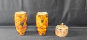 Pair of Art Glass Vases and Lidded Ceramic Jar