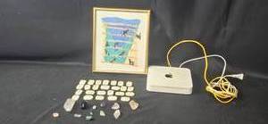 lot 6 image: Apple Time Capsule, Framed Artwork, Stones, and Ceramic Runes Set