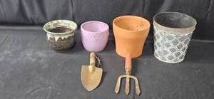 lot 8 image: Assorted Planter Pots with Garden Tools