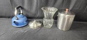 lot 18 image: Blue Kettle, Glass Vase, and Stainless Steel Canister