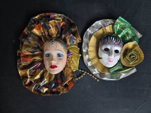 lot 32 image: Pair of Decorative Porcelain Face Wall Masks with Unique Designs