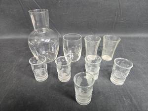 lot 42 image: Vintage Etched Glass Decanter Set with Shot Glasses