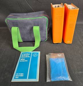 lot 80 image: Christian Science Lot Bible, Science and Health Book, Bible Lessons Booklet, and Bag