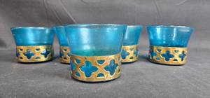 lot 85 image: Beautiful VTG Set of 5 Blue Glass Tealight Holders with Brass Tone Accents
