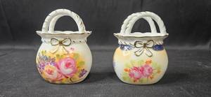 lot 53 image: Set of 2 Limoges Miniature Porcelain Basket Figurines with Floral Design
