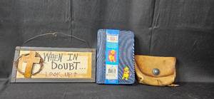 lot 66 image: Decorative Wall Sign, Leather Coin Purse, and Winnie the Pooh Organizer