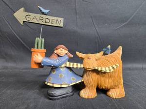 lot 106 image: Williraye Studio To The Garden Figurine Set with Woman, Dog, and Sign
