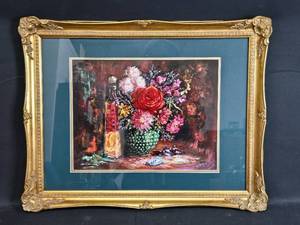 lot 140 image: Artist Basso Floral Painting in Gold Tone Frame