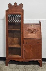 lot 120 image: Antique Secretary Drop Down Desk with Glass Cabinet - missing key