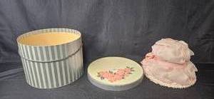 lot 135 image: Vintage Pink Layered Hat with Floral Details & Striped Hat Box
