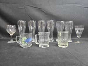 lot 9 image: Collection of Vintage Glassware Including Beer Mugs and Stemware