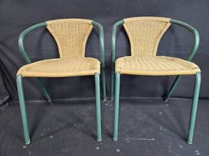 lot 169 image: Pair of Woven Patio Chairs with Green Metal Frame