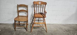 lot 218 image: Pair of Vintage Wooden Chairs with Heart Motif and Woven Seat