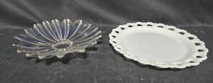 lot 259 image: Iridescent Glass Bowl and Cutout White Ceramic Tray Set