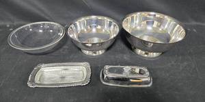 lot 264 image: Set of Assorted Silver-Plated and Glass Serving Bowls and Tray
