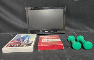 lot 267 image: RCA TV Monitor, A-LM French Record Set, Green Hand Dumbbells and Print