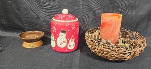 lot 283 image: Snowman Cookie Jar, Rustic Candle Holder, and VTG Decorative Music Box That Plays Id Like to Teach the World to Sing
