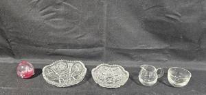 lot 289 image: Crystal Decor Set Dishes, Pitcher, Cup, and Art Glass Paperweight