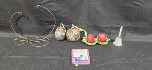 lot 290 image: Collection of Decorative Items Porcelain Bell, Floral Ornaments, and Jane Austen Book