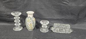 lot 291 image: Collection of Glass Candle Holders, Butter Dish and Decorative Vase
