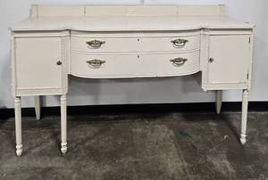 lot 303 image: Antique White Sideboard Buffet with Brass Tone Hardware