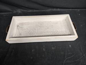 lot 314 image: Rustic White Wood Serving Tray with Metal Handles
