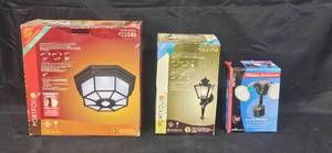 lot 307 image: Set of 3 Outdoor Lighting Fixtures Ceiling Mount, Wall Lantern, and Motion Activated Security Floodlight
