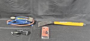 lot 315 image: Set of Automotive and Mechanical Supplies Including Foot Pump, Spatula, Craftsman Drill Bits, and Power Adapter