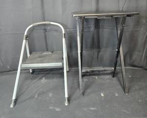 lot 13A image: Folding Step Stool and Black Wooden Table Set