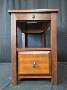 lot 14A image: Wooden Side Table with Drawers and Open Shelf