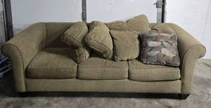 lot 338 image: Used Olive Green Fabric Sofa with Decorative Pillow