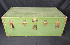 lot 353 image: Vintage Green Vinyl Covered Trunk with Brass Hardware